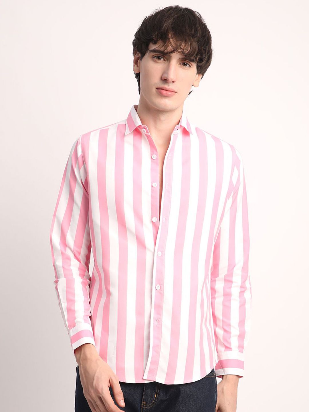 Voroxy Men Premium Spread Collar Vertical Striped Cotton Casual Shirt-picture-12