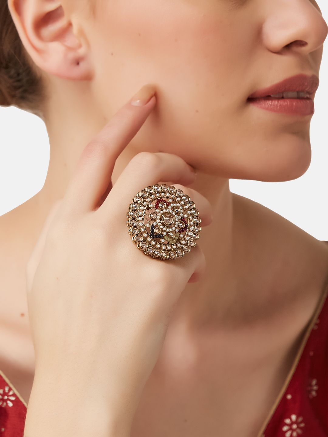 ATIBELLE Gold Plated Kundan Studded Finger Ring