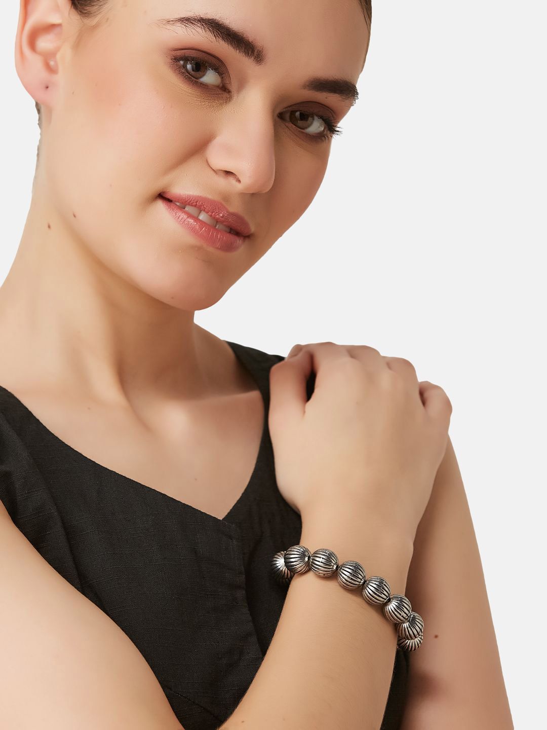 ATIBELLE Silver-Plated Beaded Elasticated Bracelet
