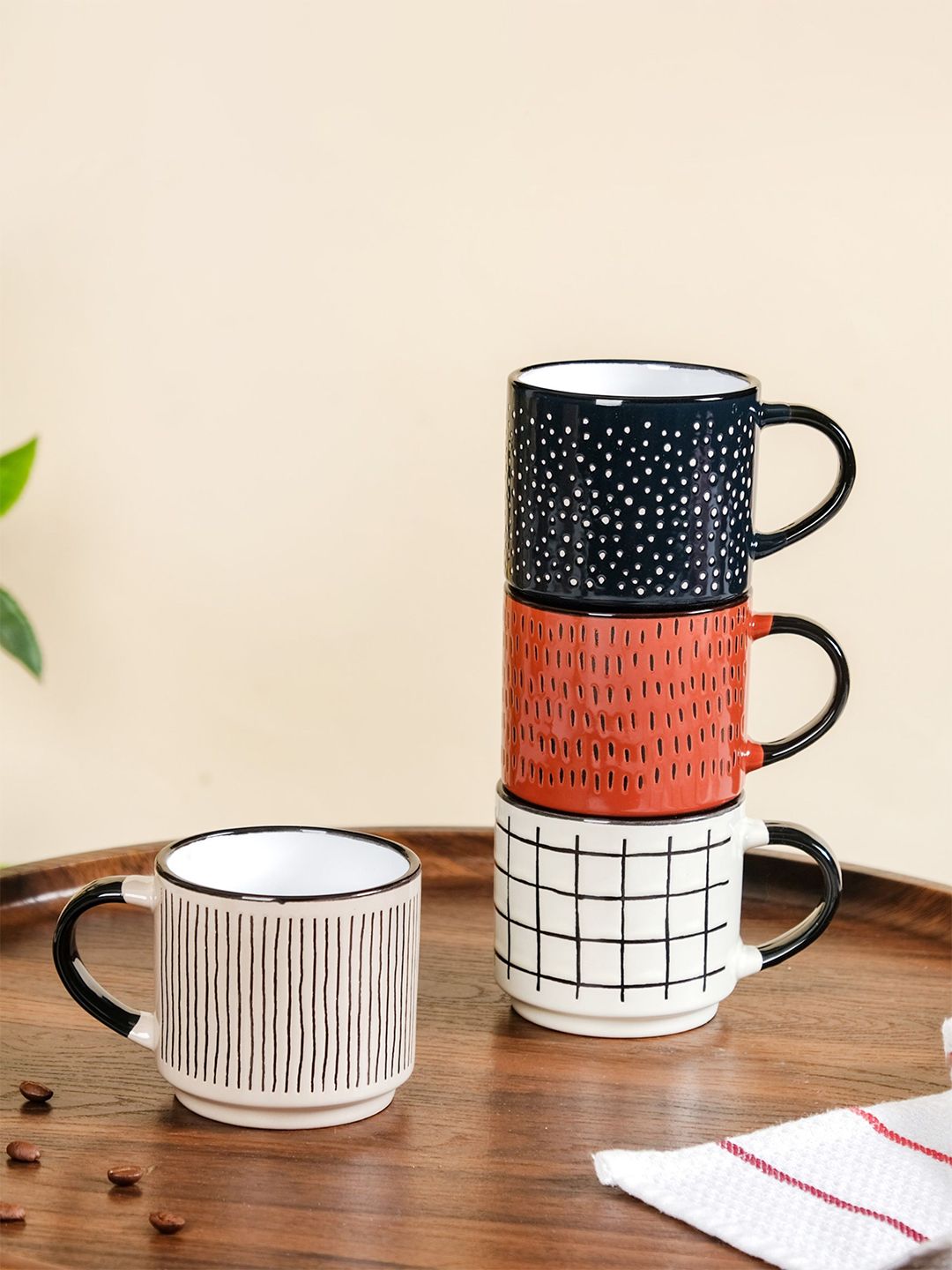 Nestasia White & Red Crafted Ceramics Textured Ceramic Glossy Cups Set of Cups and Mugs