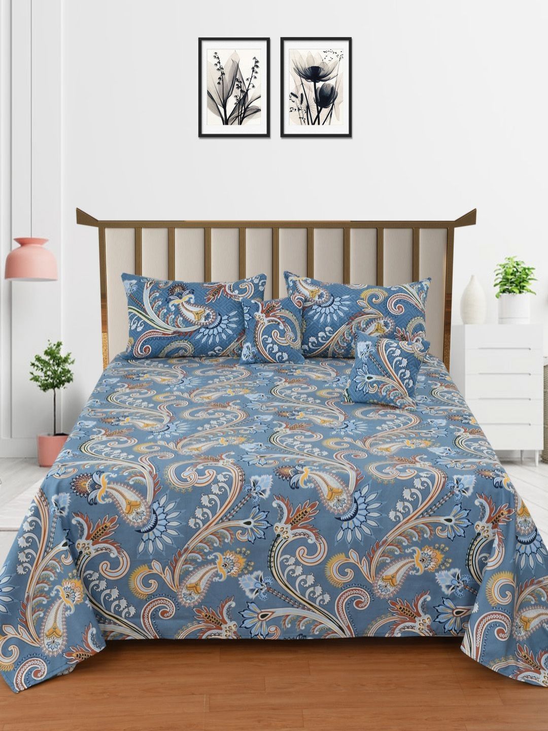MORADO Blue & Brown Floral Polycotton 5 Piece Double Queen Superfine Bedding Set-image-48