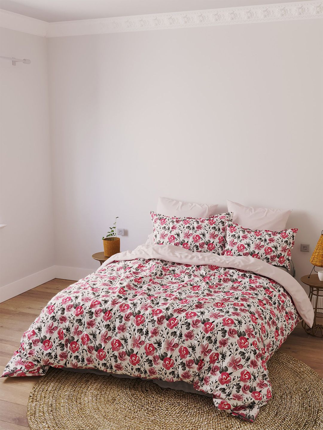 LABHAM White & Pink Floral Printed Cotton 180 TC King Bedsheet with 2 Pillow Covers-picture-14