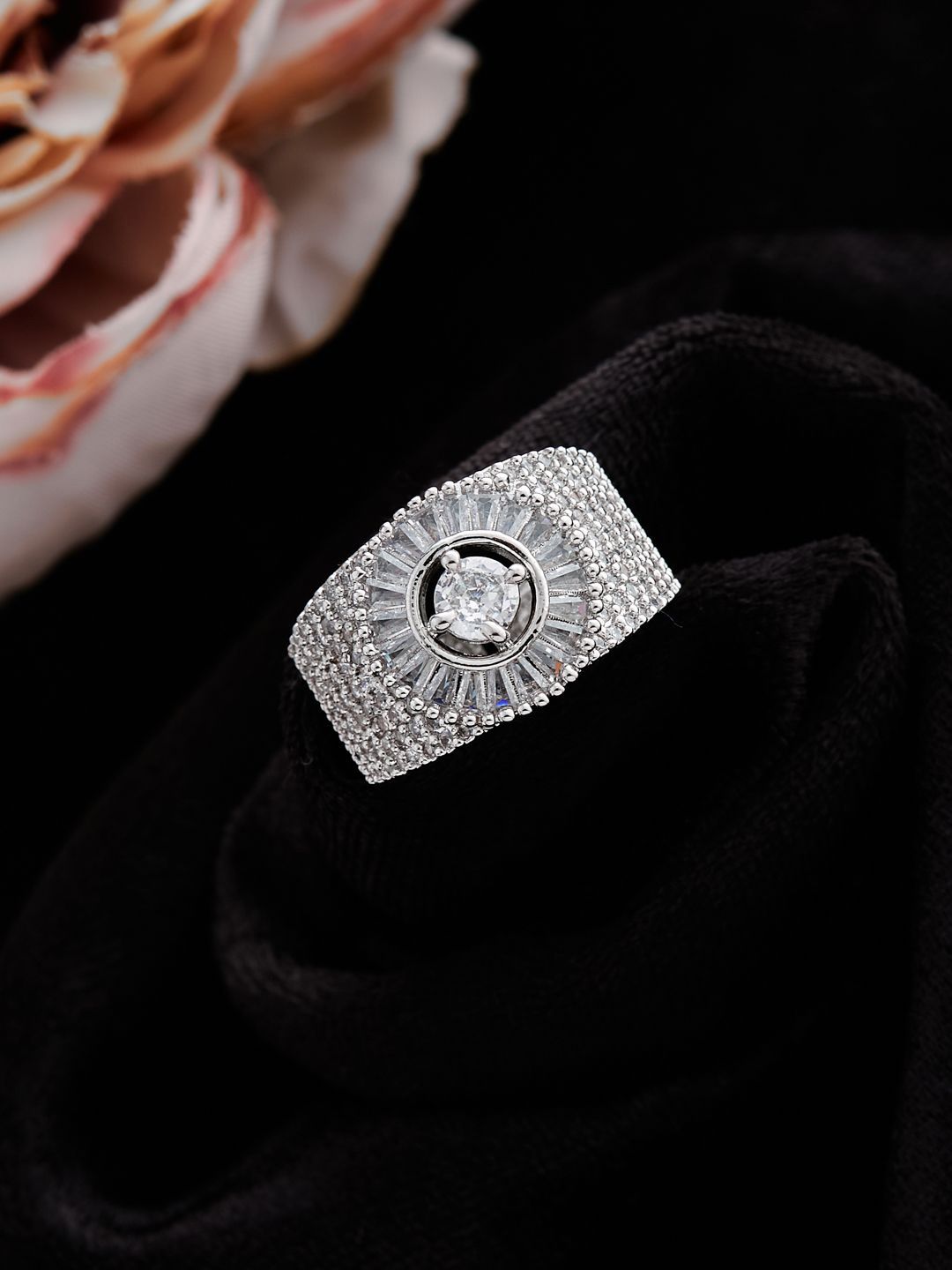 ATIBELLE Silver Plated Cubic Zirconia Stone Studded Adjustable Finger Ring