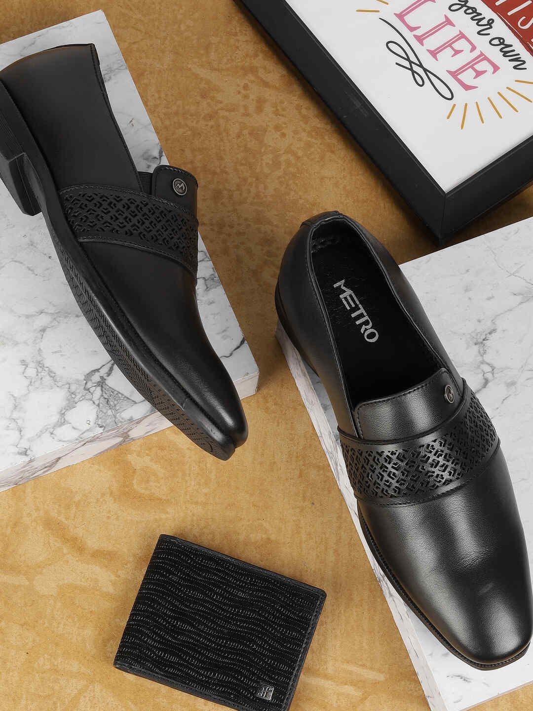 Metro Men Textured Leather Formal Slip-Ons-image-16