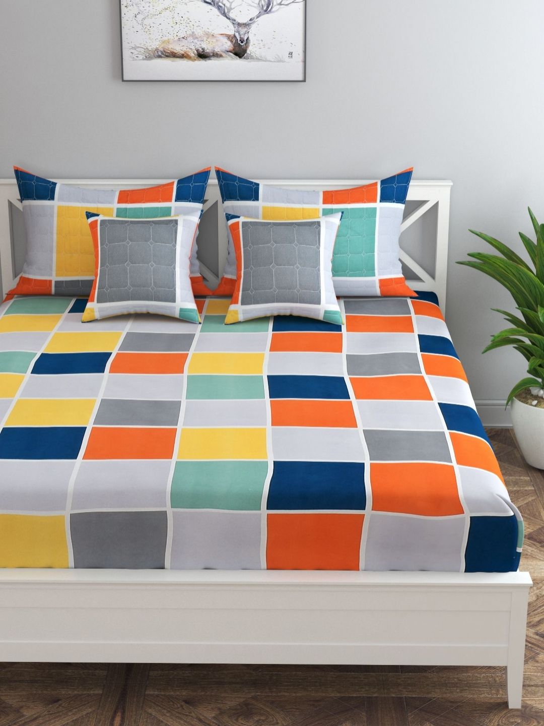 MORADO Orange & Blue Checked Polycotton 5 Piece Double Queen Superfine Bedding Set-image-42