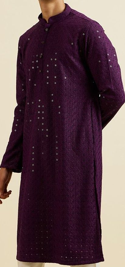 Men Teal Blue Ethnic Motifs Embroidered Kurta Set with Pyjamas - Sequinned Detail, Mandarin Collar