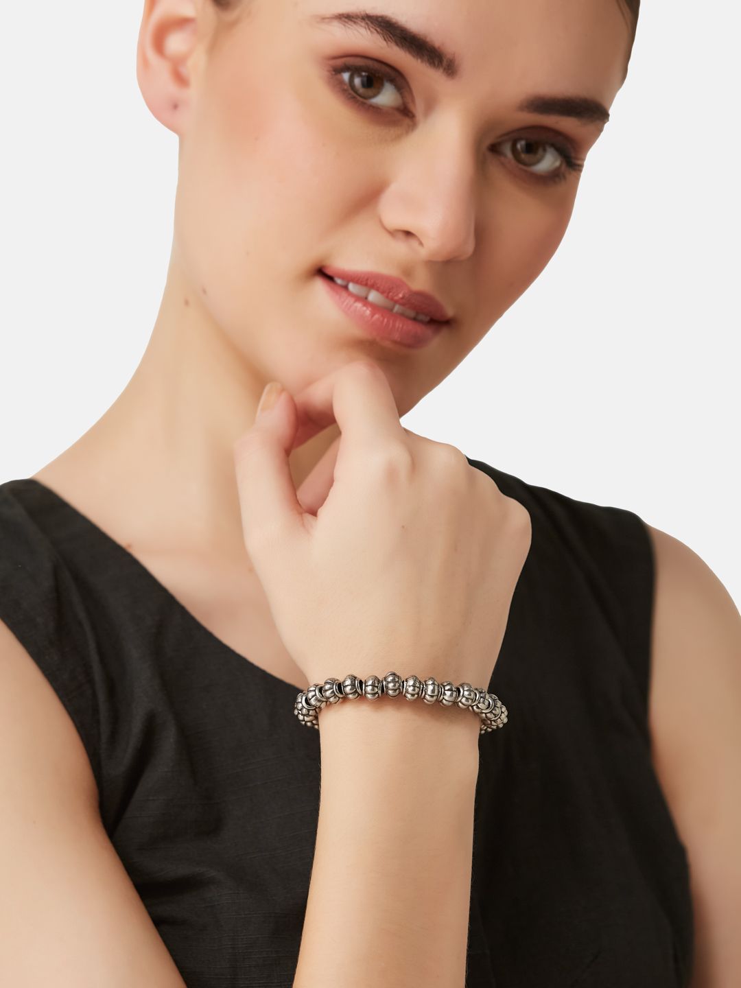 ATIBELLE Silver-Plated Beaded Elasticated Bracelet