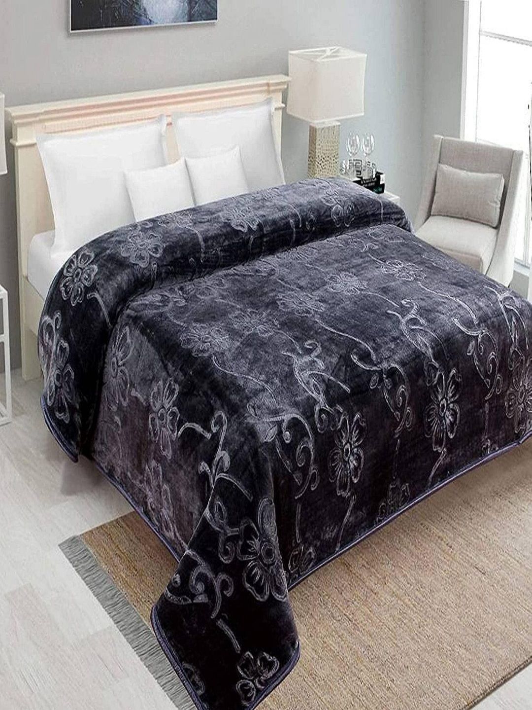 CHICERY Grey Floral Mink Heavy Winter Double Bed Blanket-picture-14