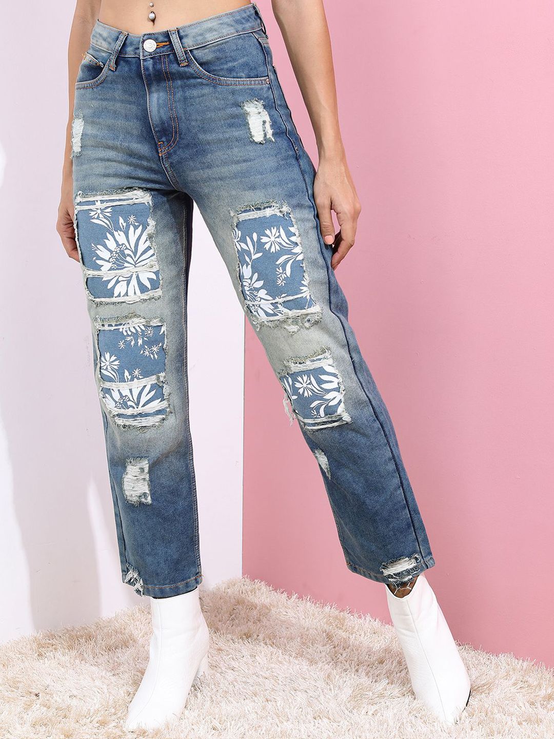 Tokyo Talkies Women Wide Leg Highly Distressed Heavy Fade Stretchable Jeans
