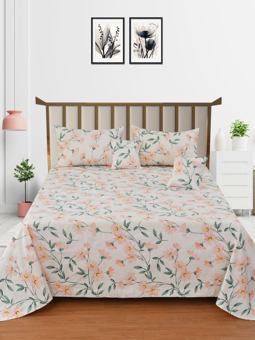 MORADO Cream-Coloured & Peach-Coloured Floral Polycotton 5 Piece Double Queen Superfine Bedding Set-image-14