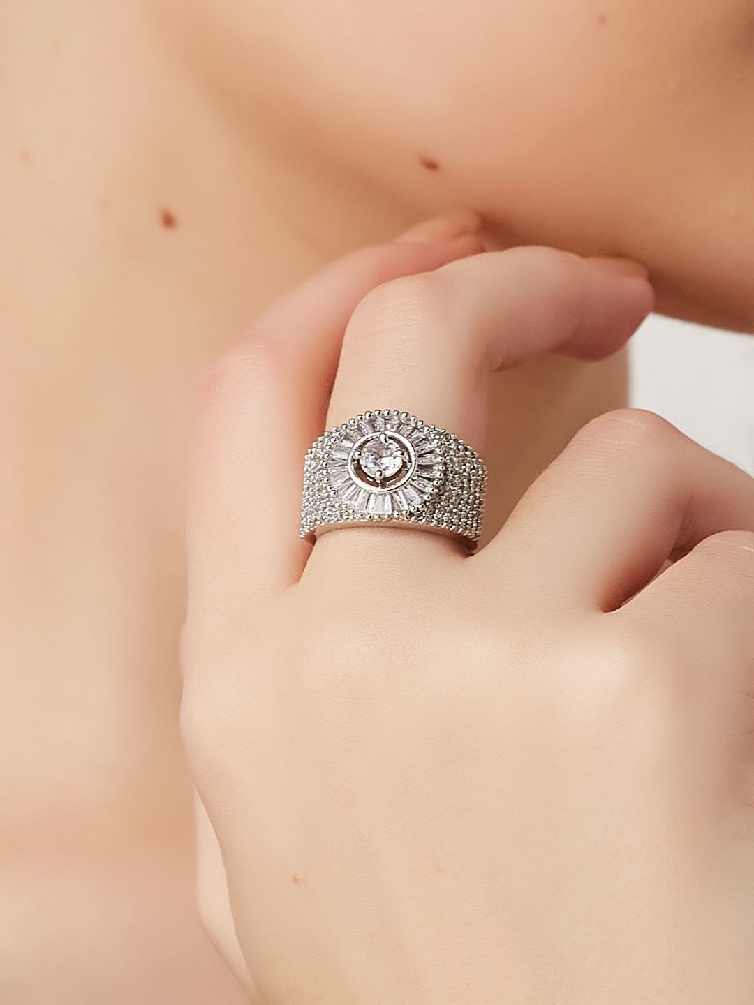 ATIBELLE Silver Plated Cubic Zirconia Stone Studded Adjustable Finger Ring