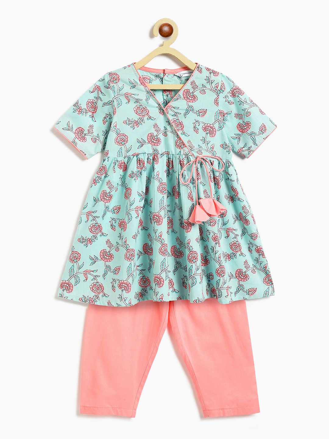 Campana Girls Floral Printed Angrakha Pure Cotton Kurti with Trousers-picture-21