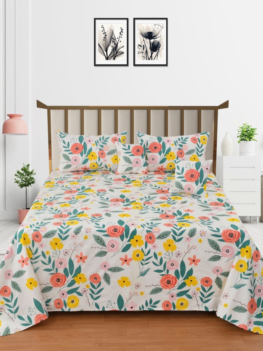 MORADO White & Yellow Floral Polycotton 5 Piece Double Queen Superfine Bedding Set-picture-18