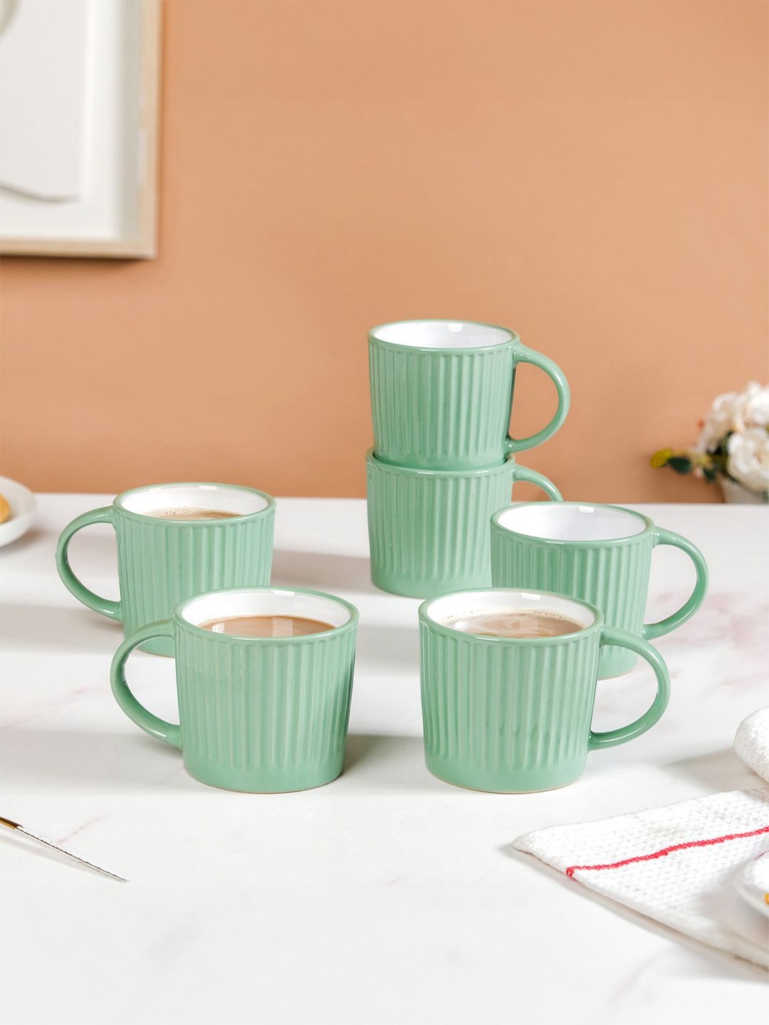 Nestasia Green 6 Pieces Crafted Ceramics Textured Ceramic Glossy Mugs 300 ml-picture-38