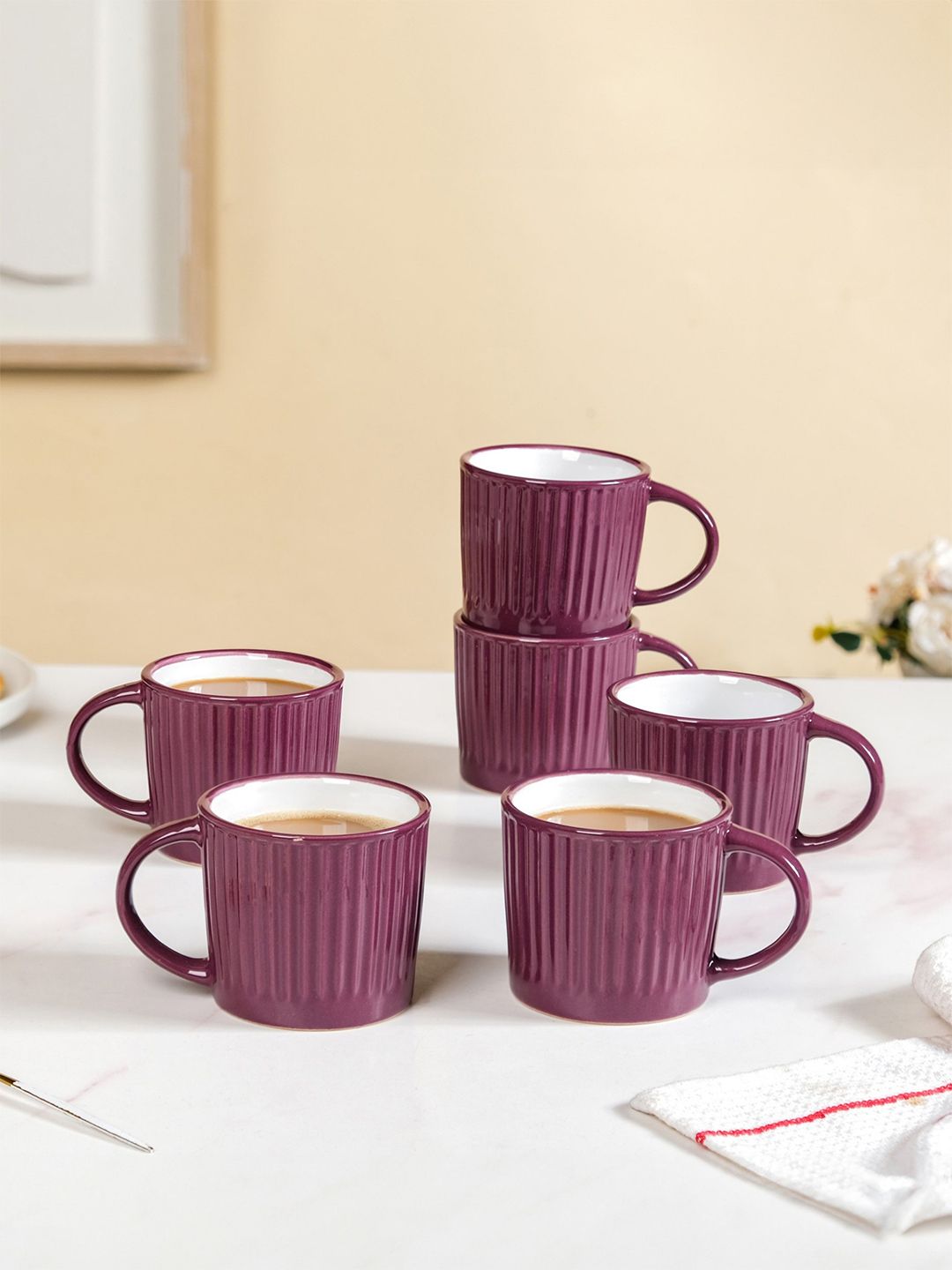 Nestasia Purple & White 6 Pieces Crafted Ceramics Textured Ceramic Glossy Mugs 300 ml-image-3