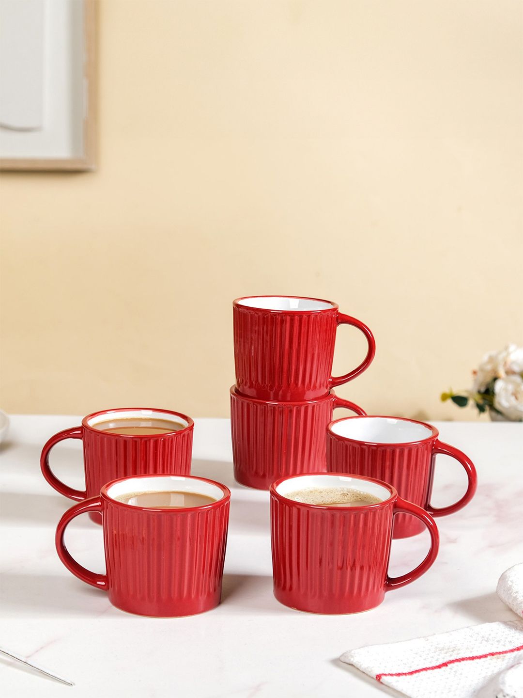Nestasia Red & White 6 Pieces Crafted Ceramics Textured Ceramic Glossy Mugs 300 ml-picture-36