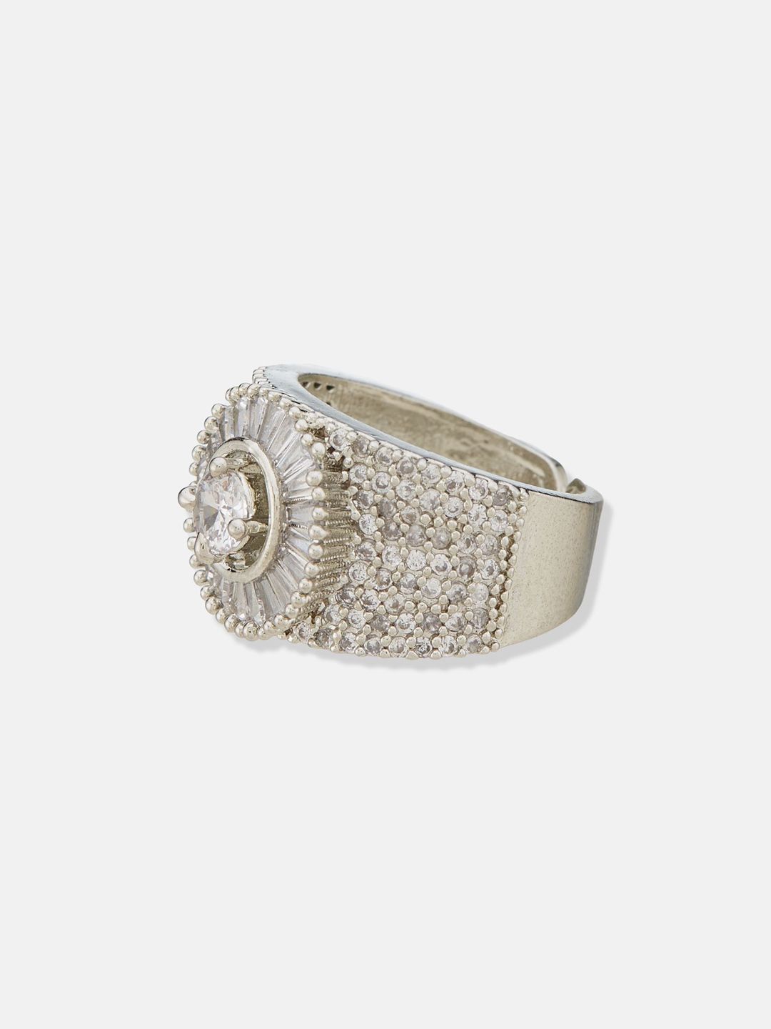 ATIBELLE Silver Plated Cubic Zirconia Stone Studded Adjustable Finger Ring