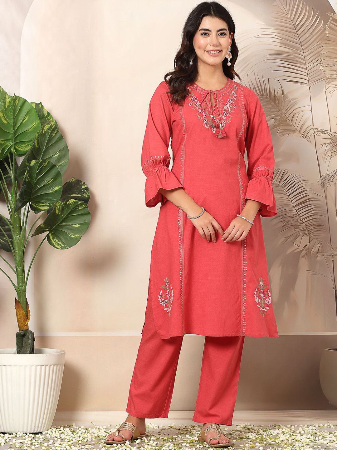 Nayam By Lakshita Floral Embroidered Keyhole Neck Straight Kurta With Palazzos