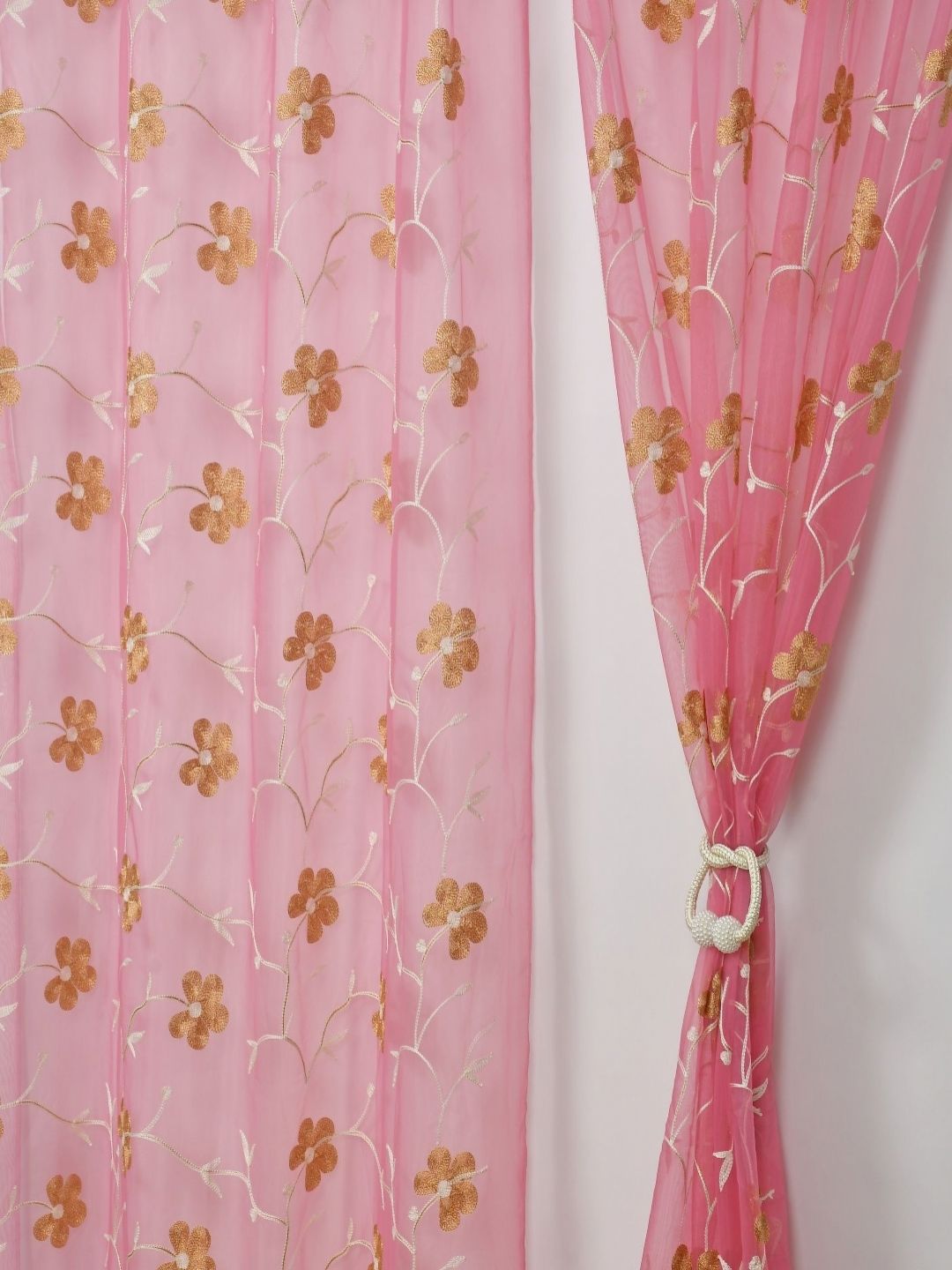 Aura Pink & Beige Set of 2 Embroidered Sheer Door Curtain-image-23