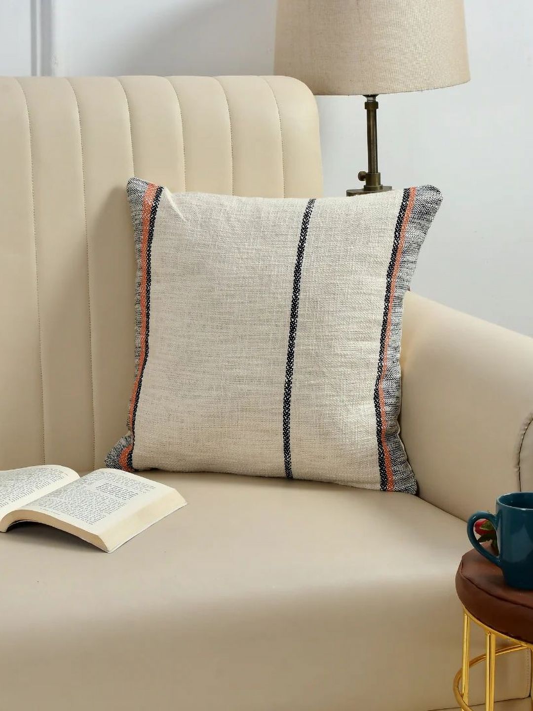 SASHAA WORLD Beige & Black Striped Square Cushion Covers-image-16