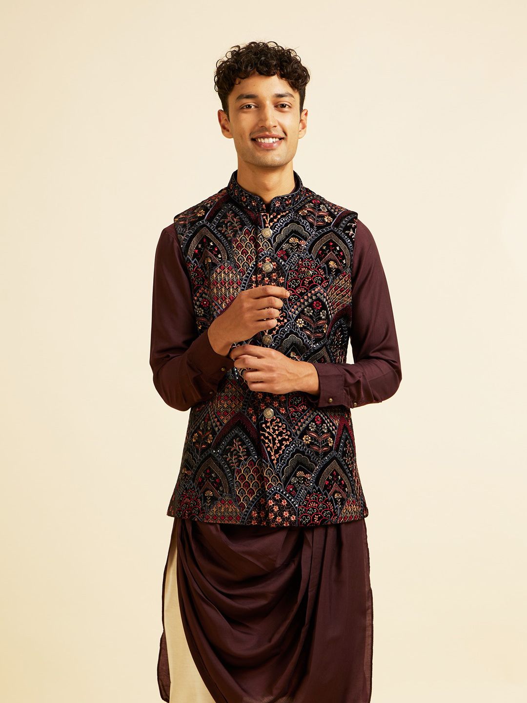 Manyavar Embroidered Woven Nehru Jacket-picture-13