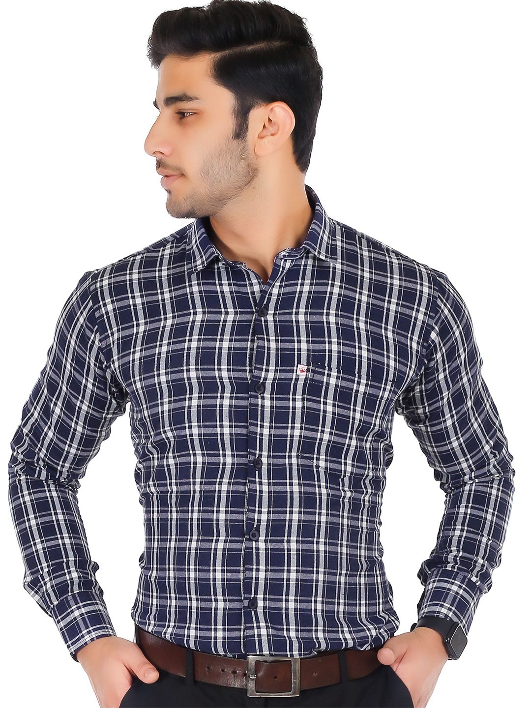 Marc Laurent Men Original Spread Collar Tartan Checked Cotton Formal Shirt-picture-26