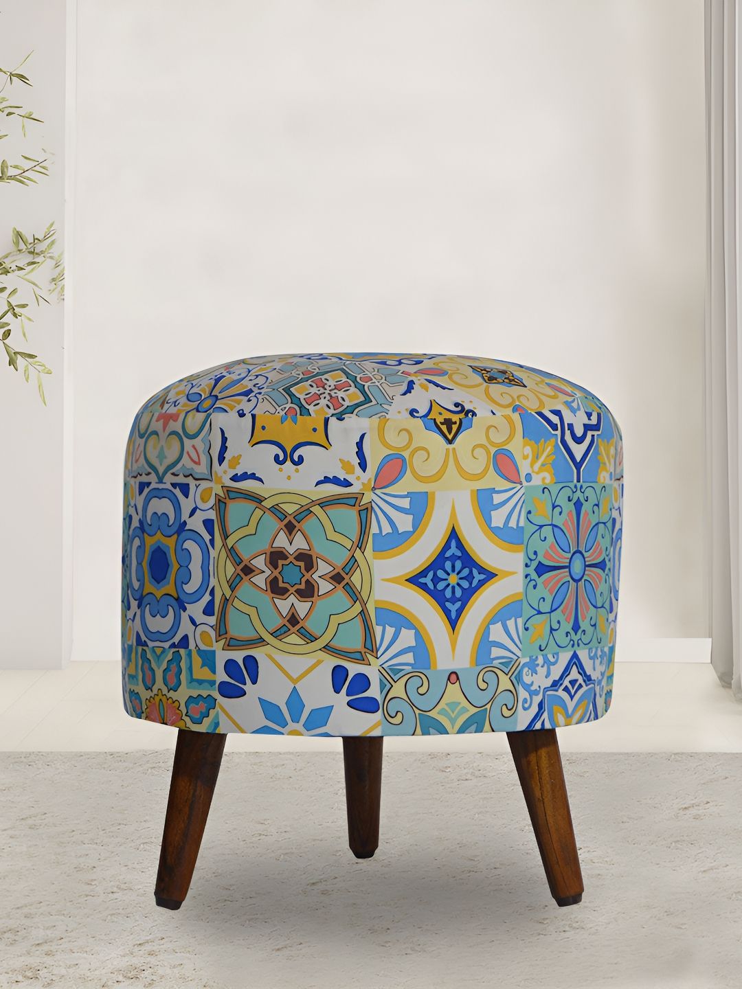 GLOBALLY INDIAN Blue & Beige Printed  Wooden Round Puff Ottoman