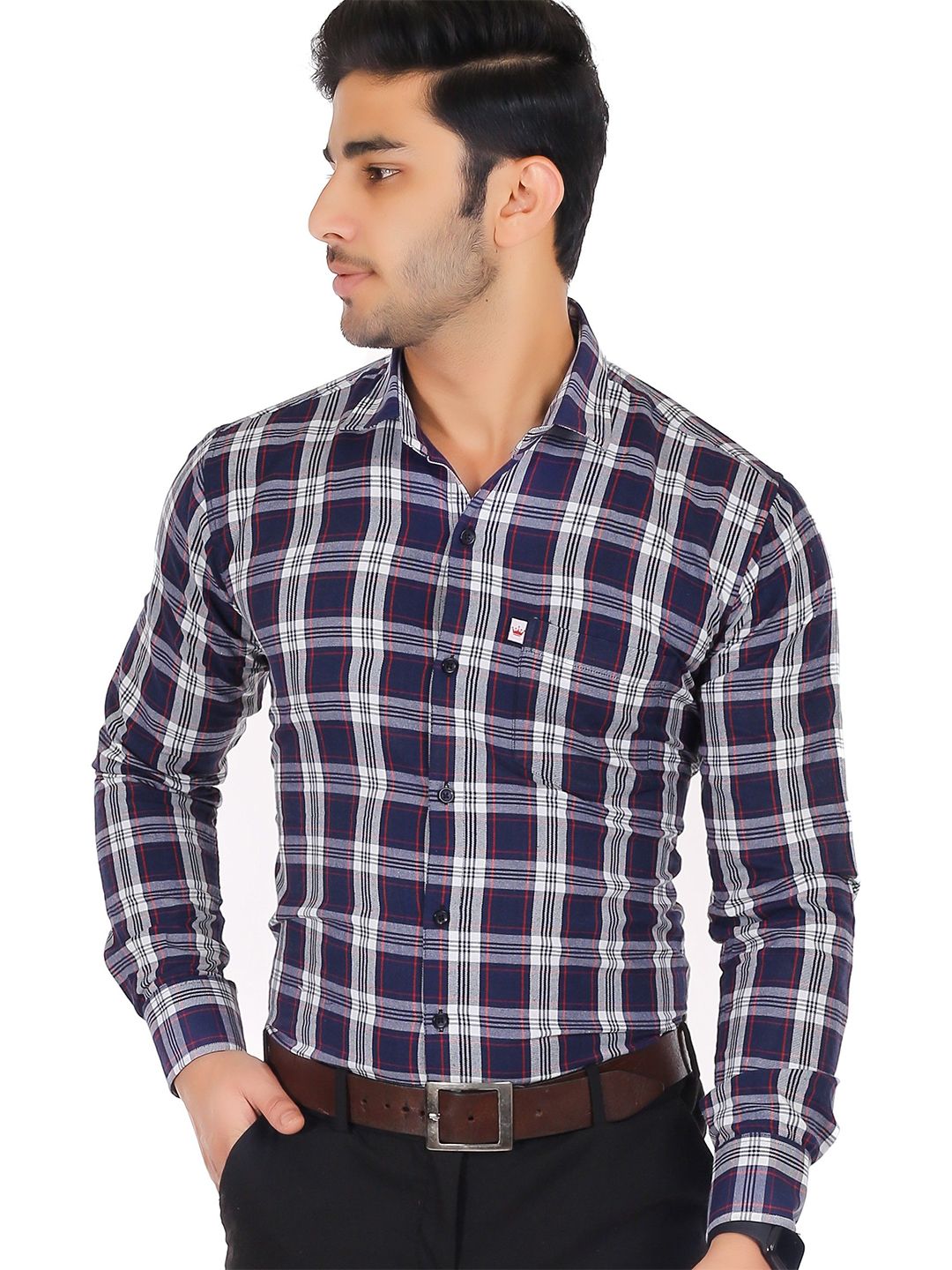 Marc Laurent Men Original Spread Collar Tartan Checked Cotton Formal Shirt-picture-23