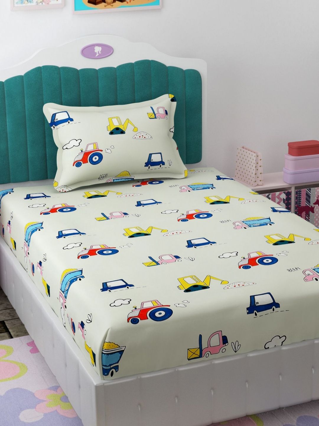 Florida Sea Green & Red Graphic 180 TC Single Bedsheet with 1 Pillow Covers-image-35