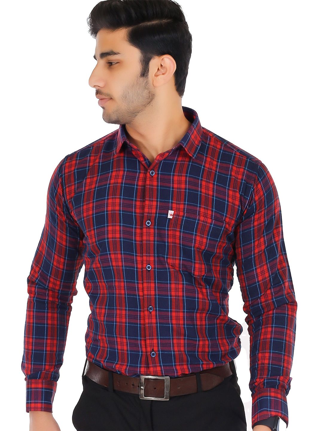 Marc Laurent Men Original Spread Collar Tartan Checked Cotton Formal Shirt-picture-34