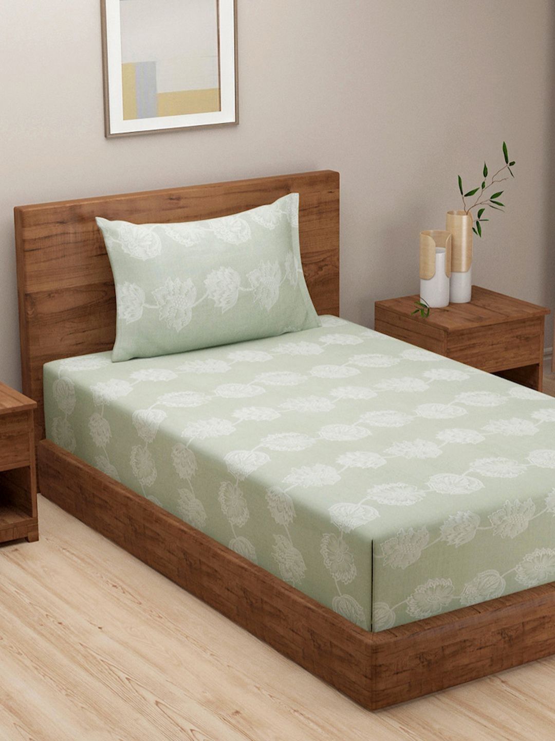 SWAYAM Green & White Floral 210 TC Queen Bedsheet with 1 Pillow Covers-picture-36