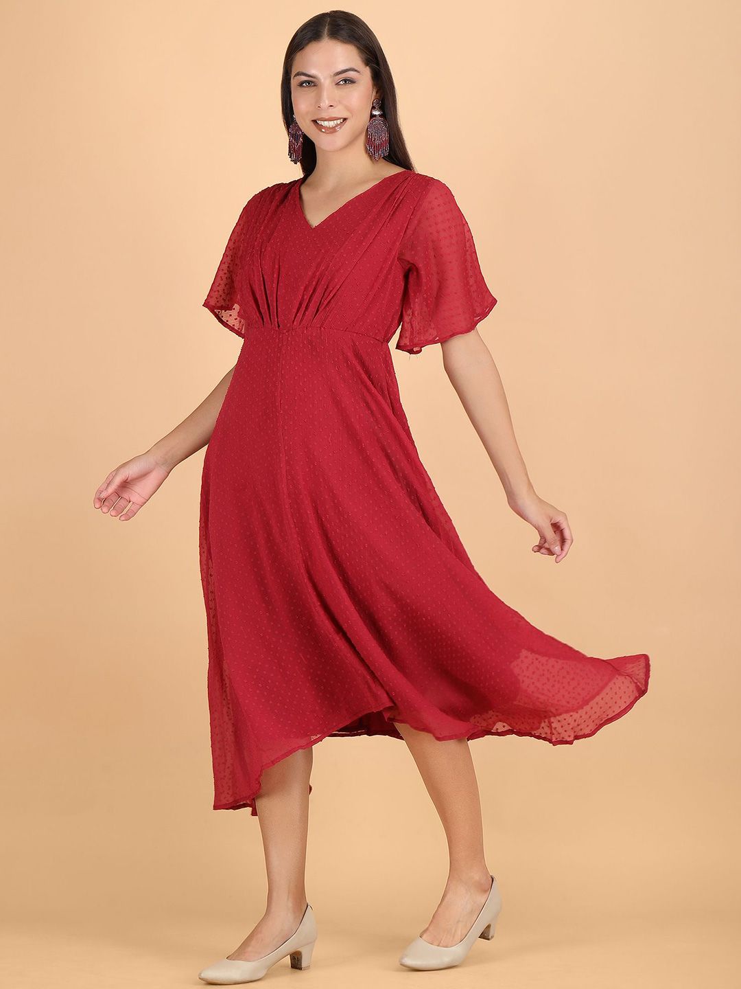 Buy Sipsew Self Design Flared Sleeve Georgette Fit & Flare Maxi Dress ...