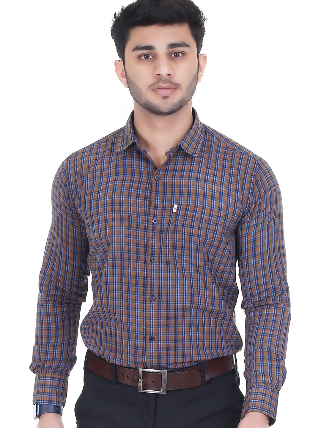 Marc Laurent Men Original Spread Collar Tartan Checked Cotton Formal Shirt-picture-29