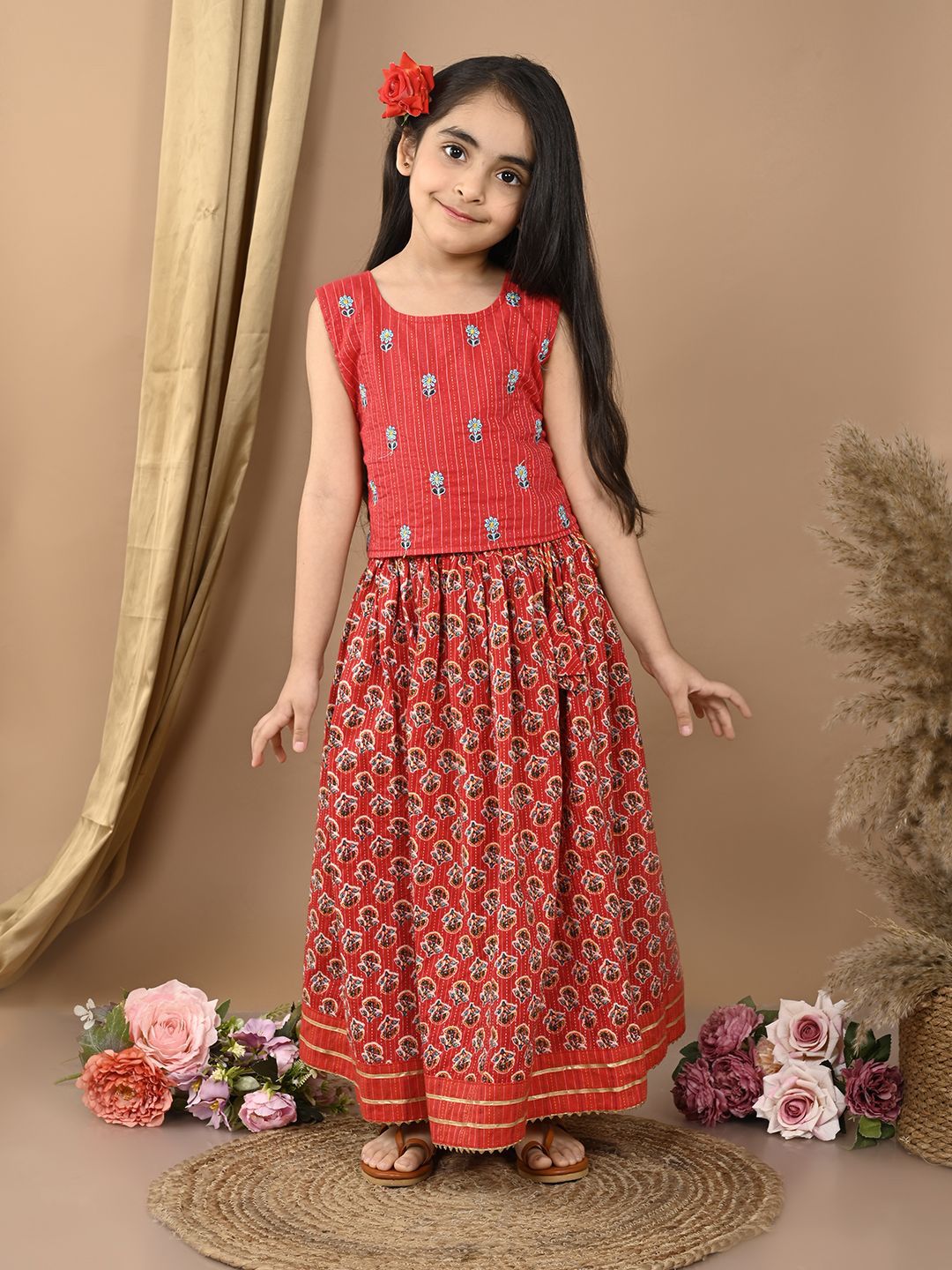 Sangria Girls Katha Floral Printed Lehenga With Embroidered Choli-picture-10