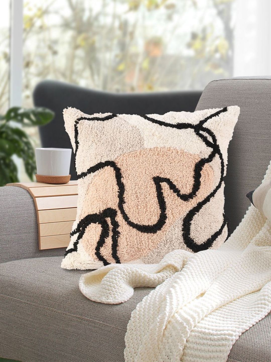 SASHAA WORLD Beige & Black Abstract Square Cushion Covers-picture-17