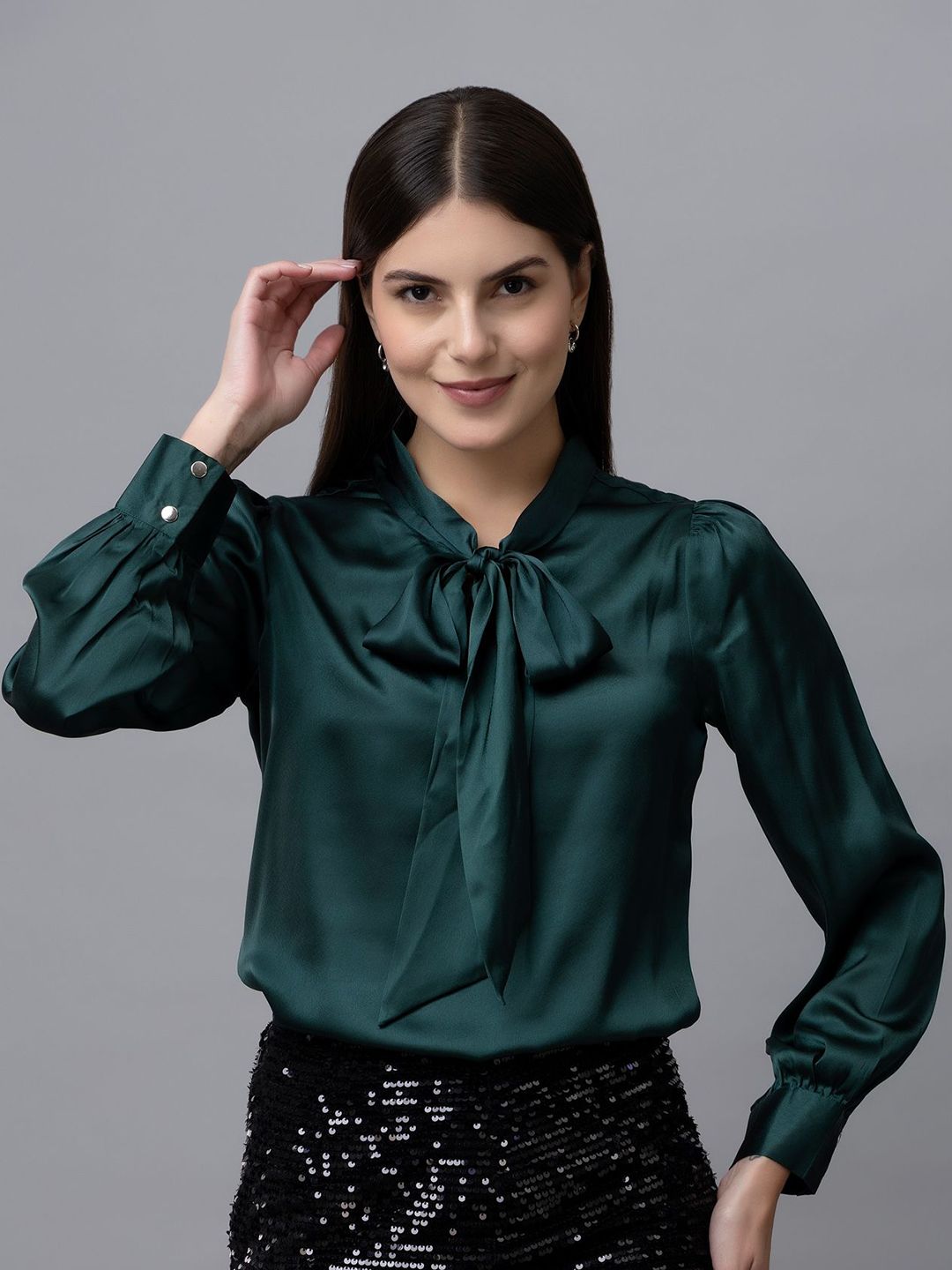PURYS WORKSPACE Tie-Up Neck Satin Shirt Style Top-picture-20