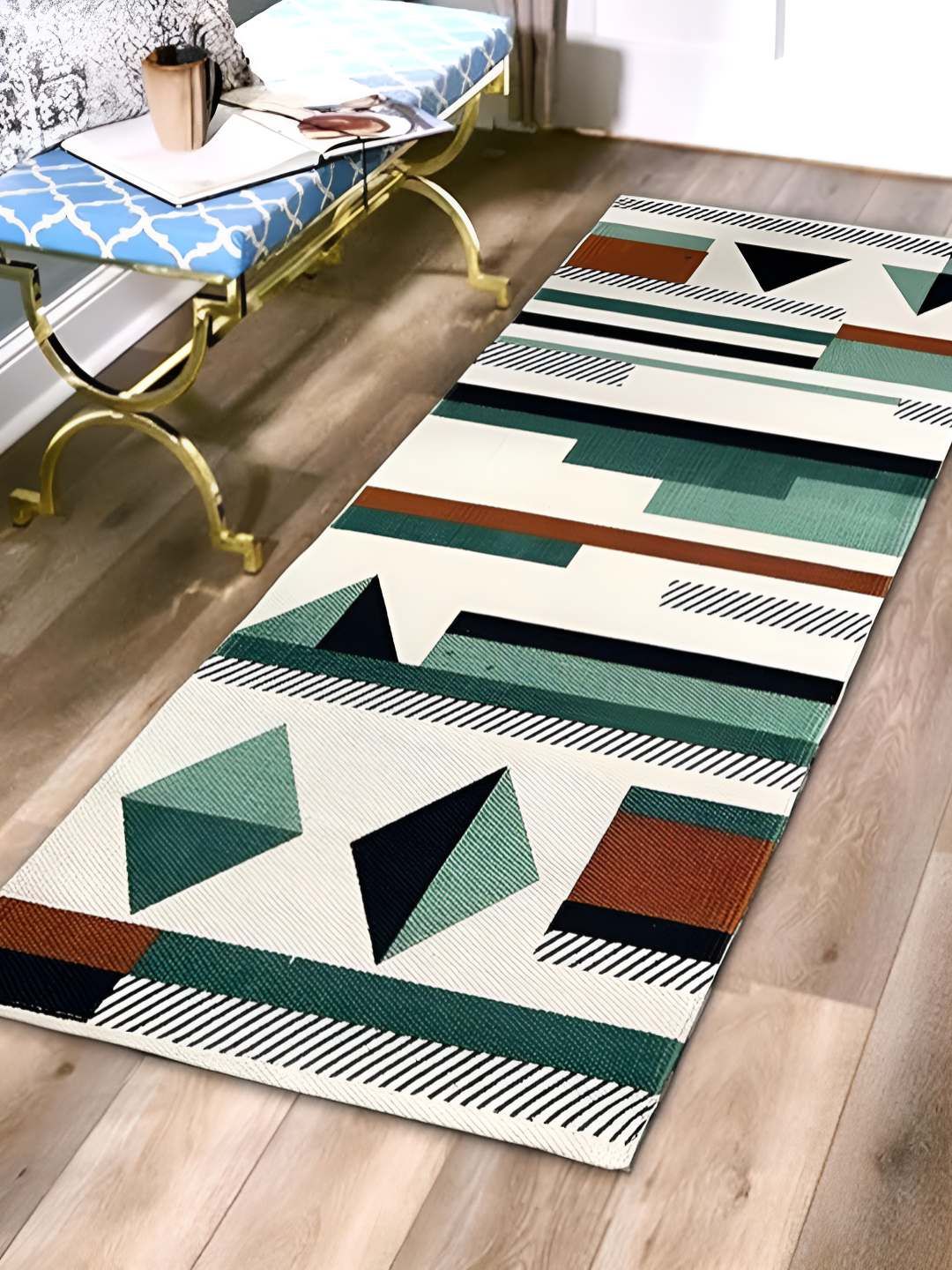 ANA Green & White Printed Pure Cotton Bedside Floor Runner-image-37