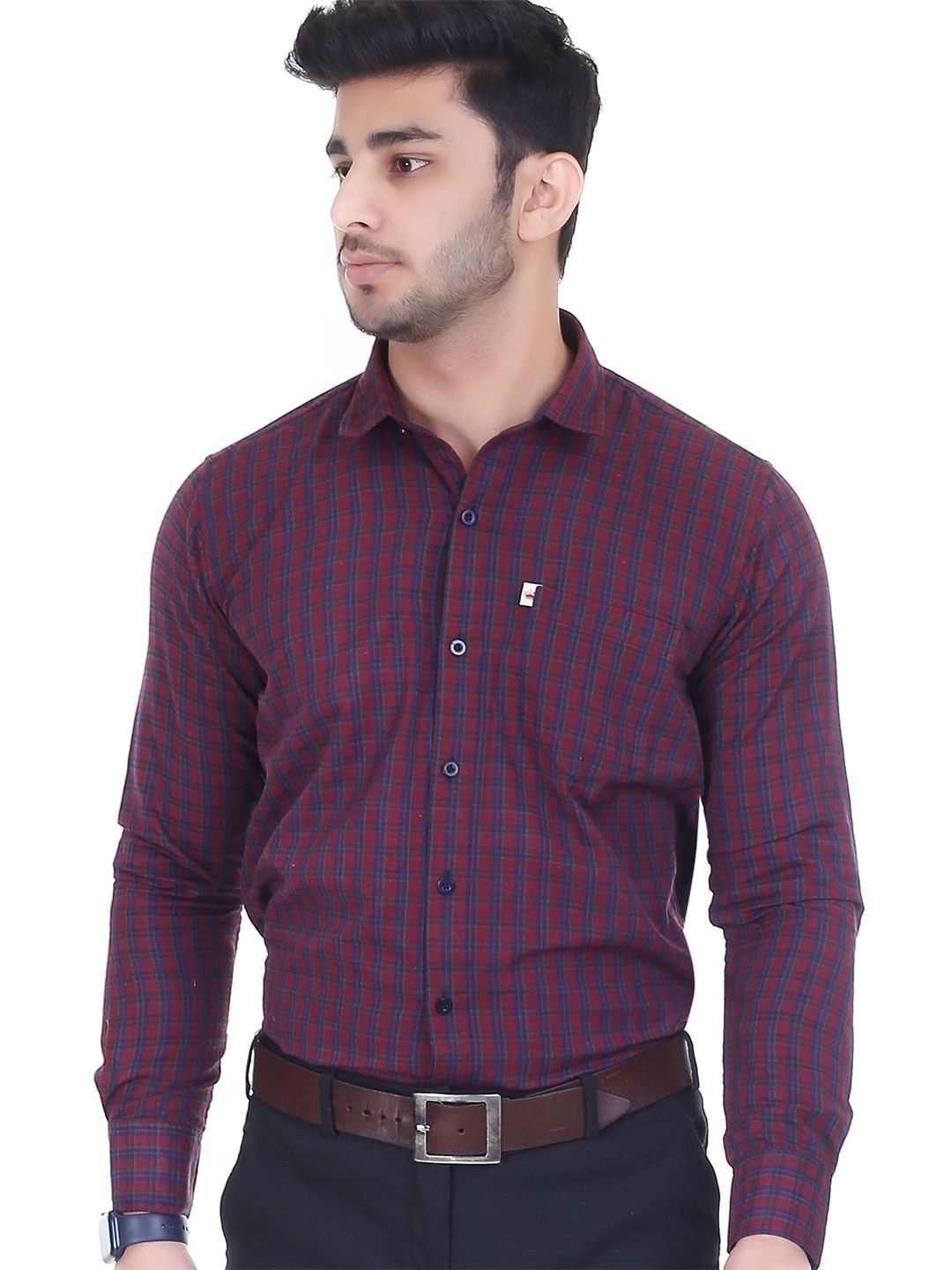 Marc Laurent Men Original Spread Collar Micro Checked Cotton Formal Shirt-picture-46