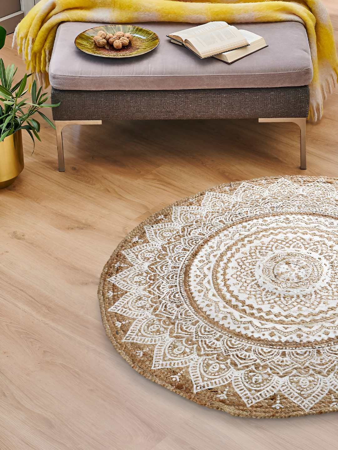 SASHAA WORLD Brown 7 White Printed Jute Round Floor Mat