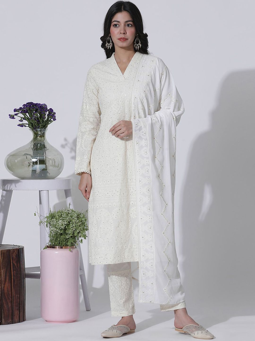 WISHFUL Women Floral Embroidered Regular Sequinned Pure Cotton Kurta with Trousers & With Dupatta-picture-20