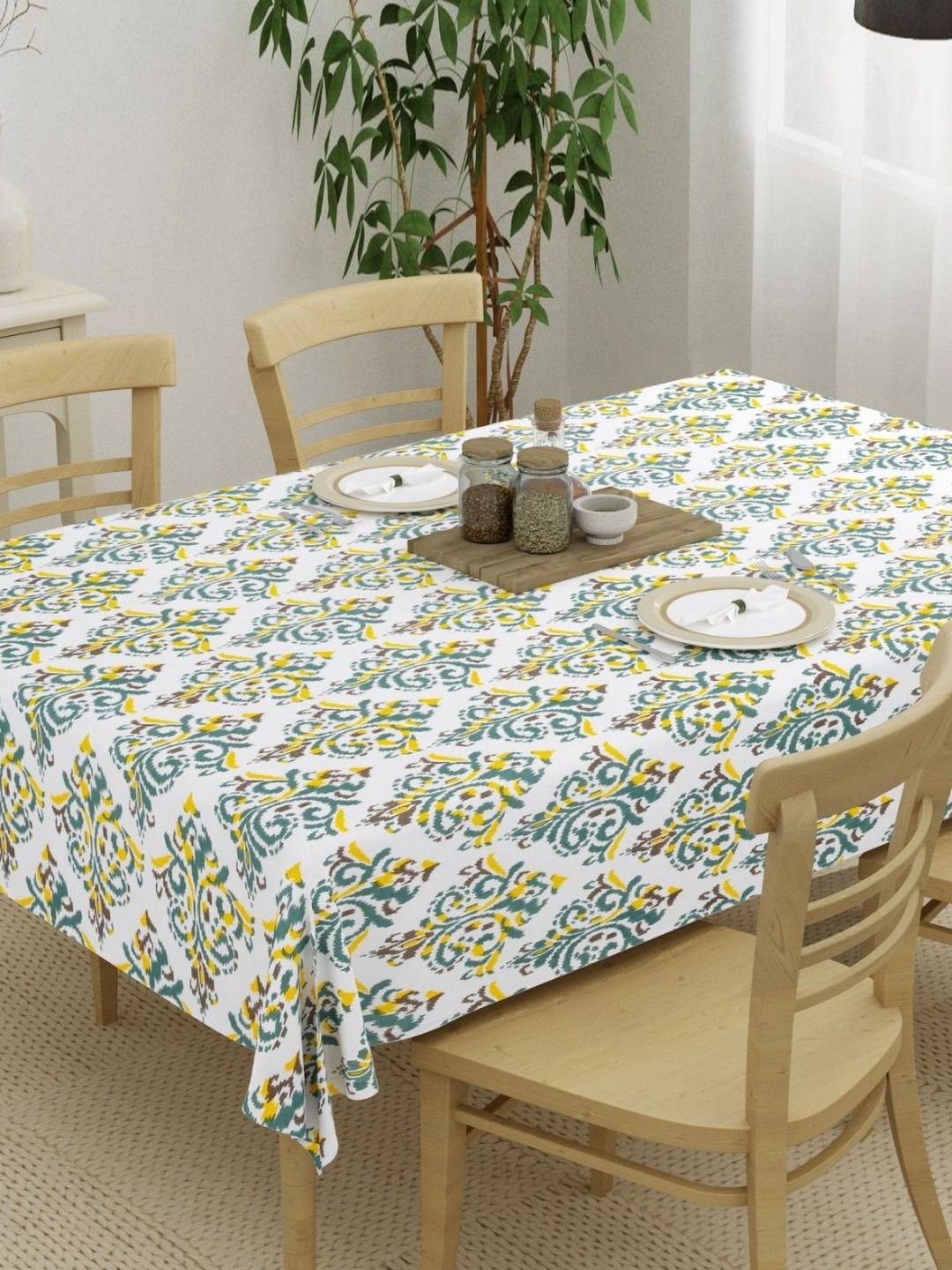 HOMEMONDE Yellow Ethnic Motifs Cotton Round 6-Seater Table Cover-image-17