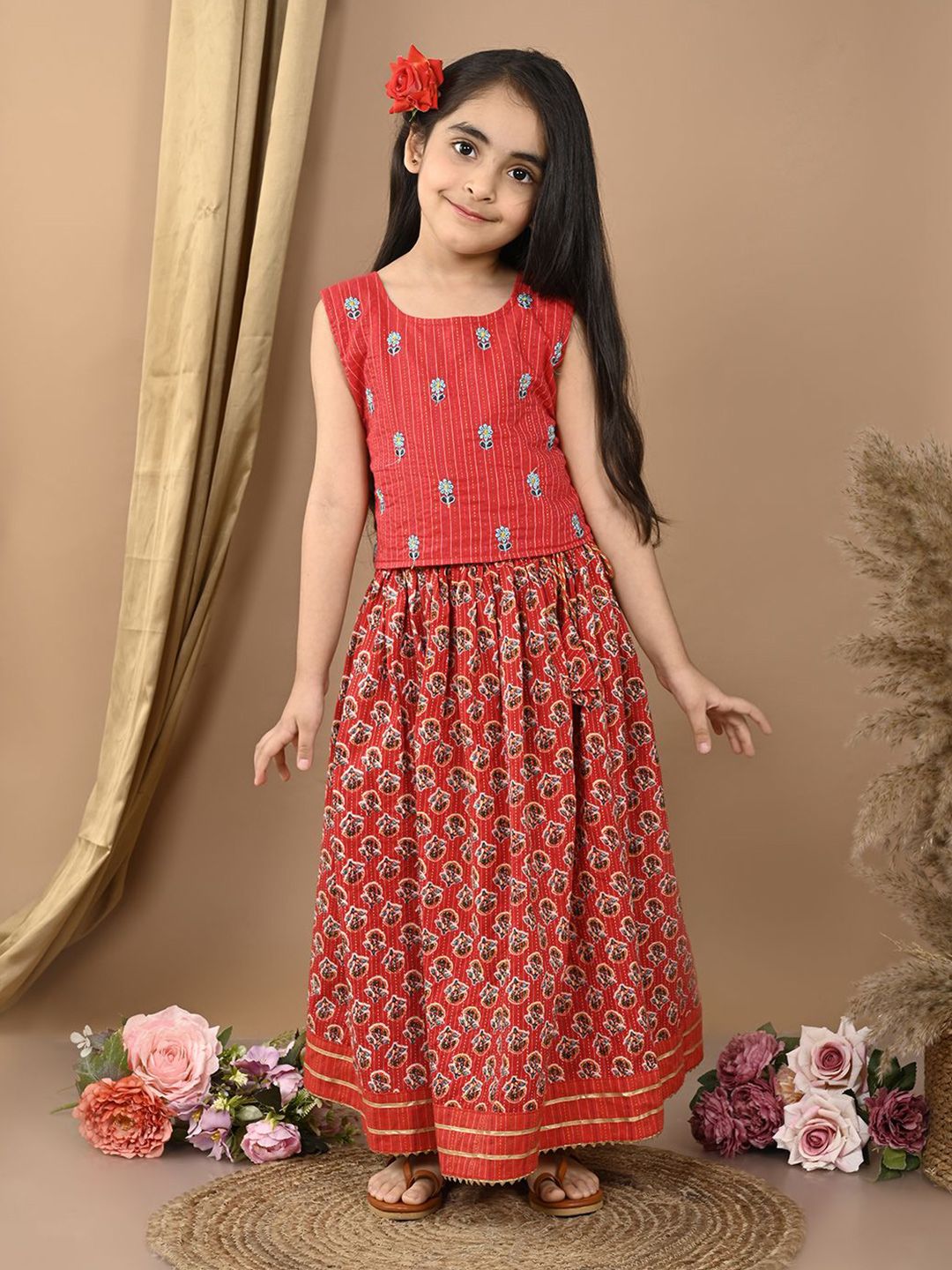 Sangria Girls Katha Floral Printed Lehenga With Embroidered Choli-picture-11