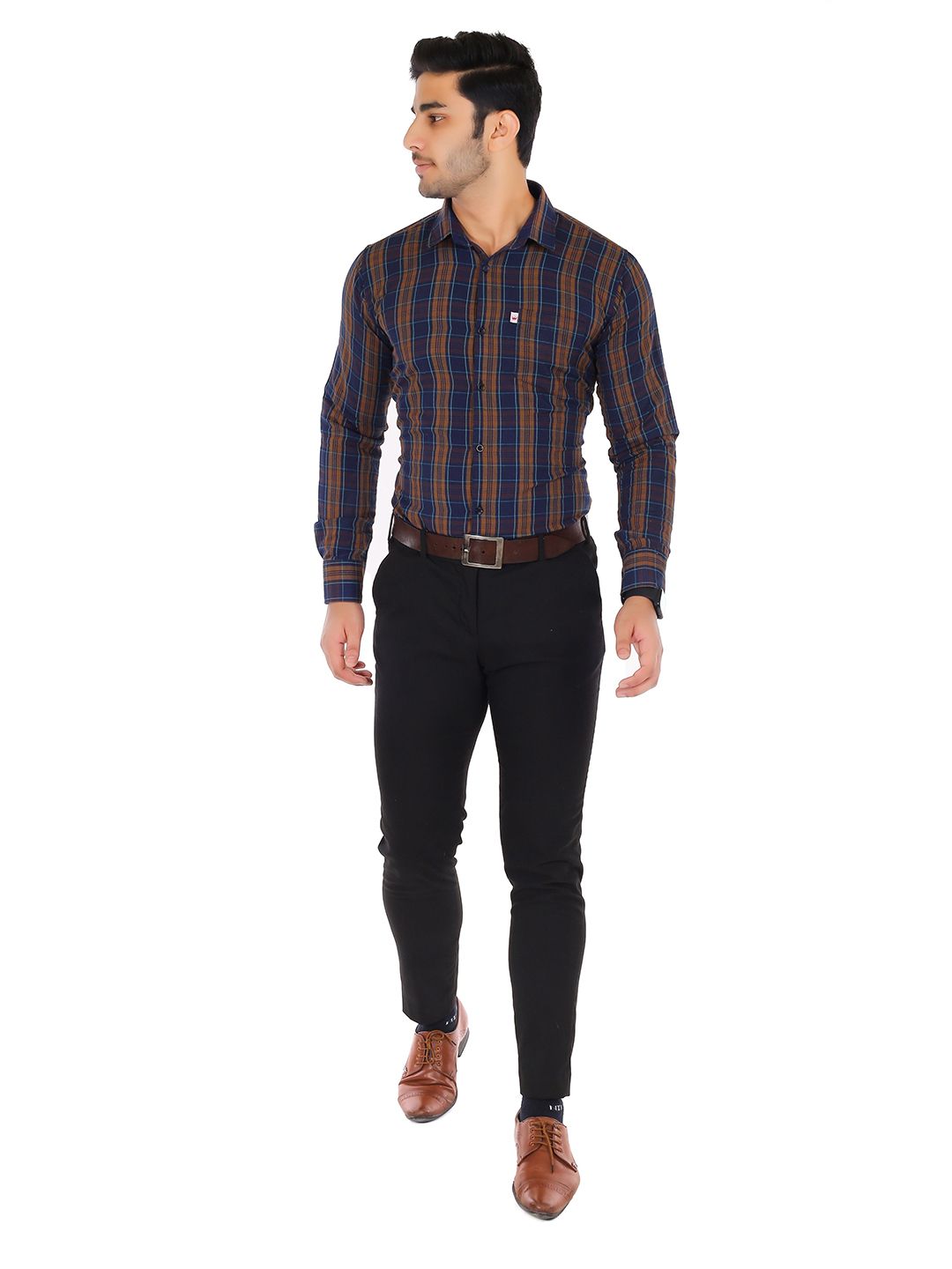 Marc Laurent Men Original Spread Collar Tartan Checked Cotton Formal Shirt-picture-50