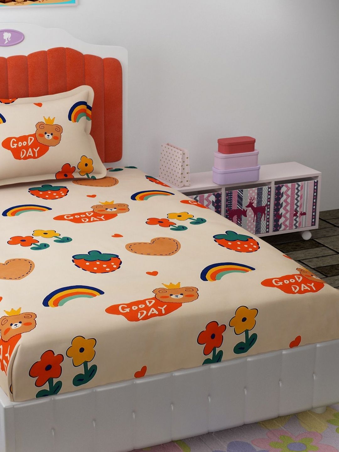 Florida Beige & Green Graphic 180 TC Single Bedsheet with 1 Pillow Covers-image-31
