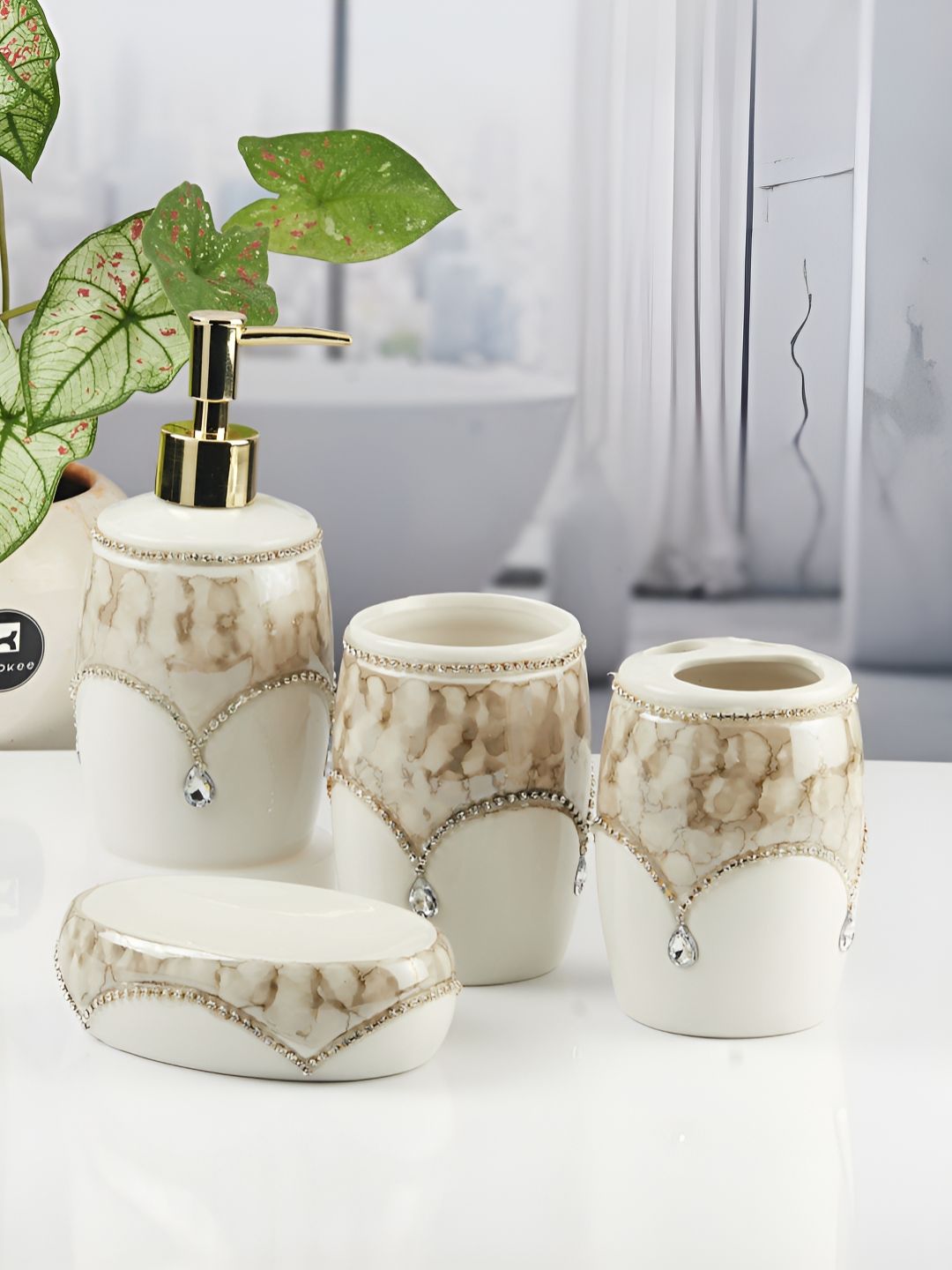 Kookee Multicoloured 4 piece Abstract Ceramic Bath Accessories Set-image-48