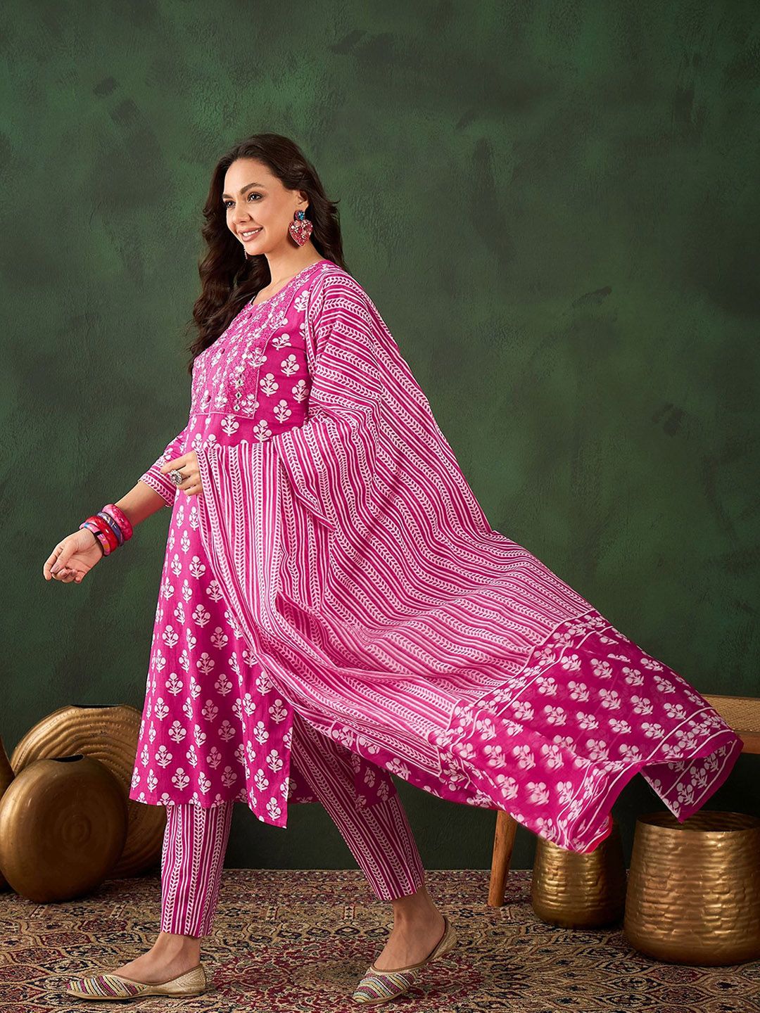 Buy Sangria Floral Printed Pure Cotton Kurta With Trousers & Dupatta ...