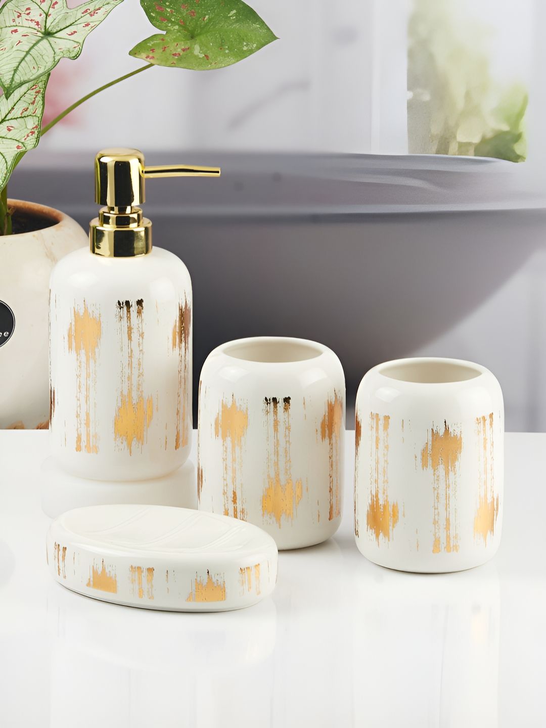 Kookee Multicoloured 4 piece Abstract Ceramic Bath Accessories Set-picture-44