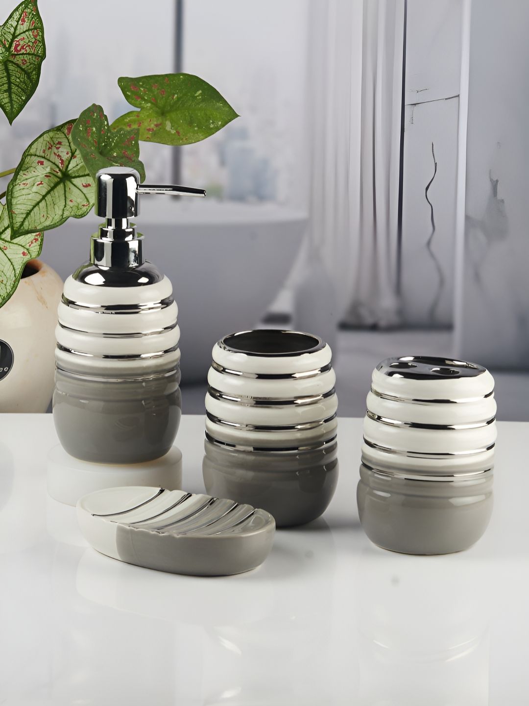 Kookee Grey 4 piece Abstract Ceramic Bath Accessories Set-picture-31