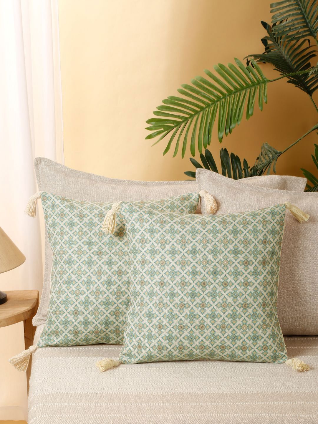 eyda Sea Green & Beige 2 Pieces Geometric Printed Tasselled Square Cushion Covers-picture-19