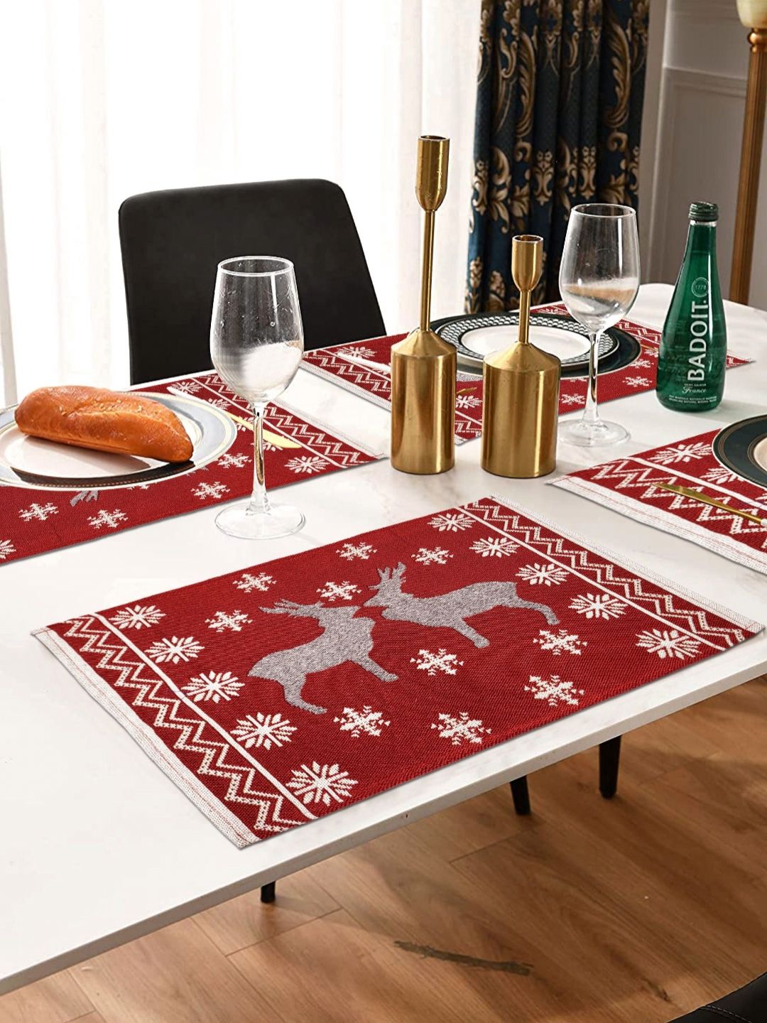 ANA 6Pcs Red & White Jacquard Woven Christmas Deer Table Placemats-picture-51